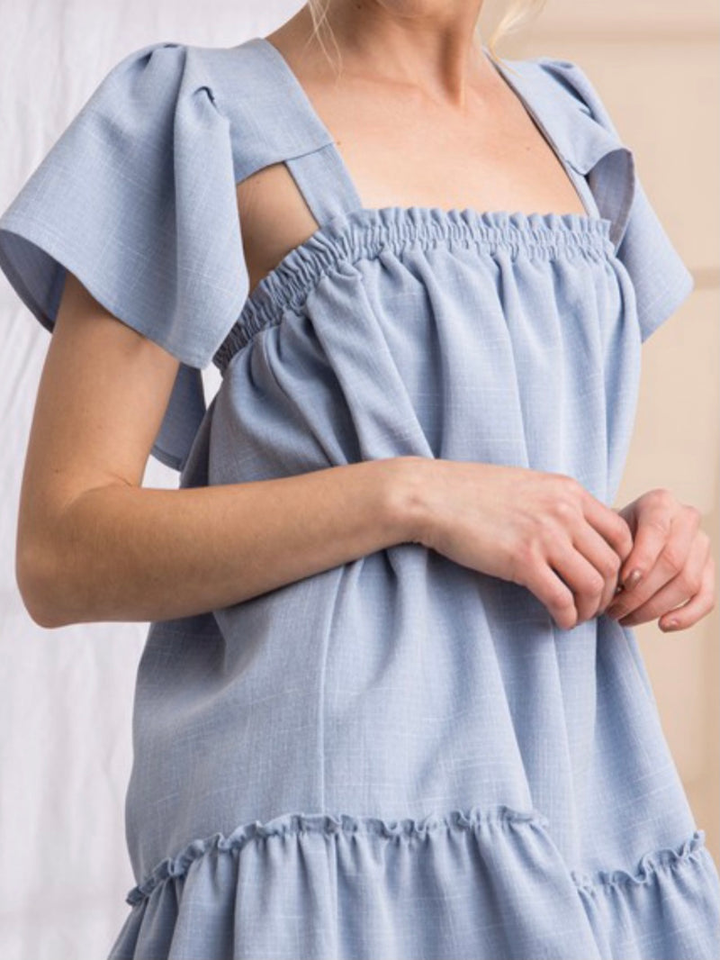 Blue Textured Flutter Sleeve Short Dress