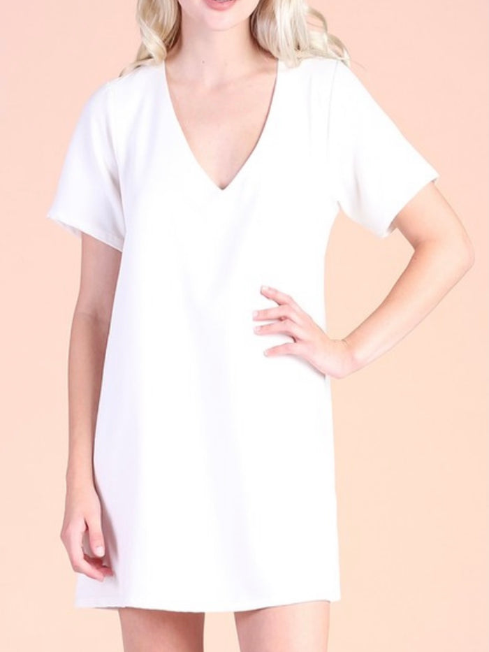 White Crepe Short Sleeve V Neck Dress