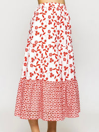 Red Emroidered Midi Skirt