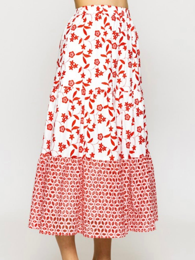 Red Emroidered Midi Skirt