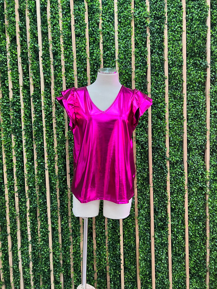 Magenta Metallic Ruffled V Neck