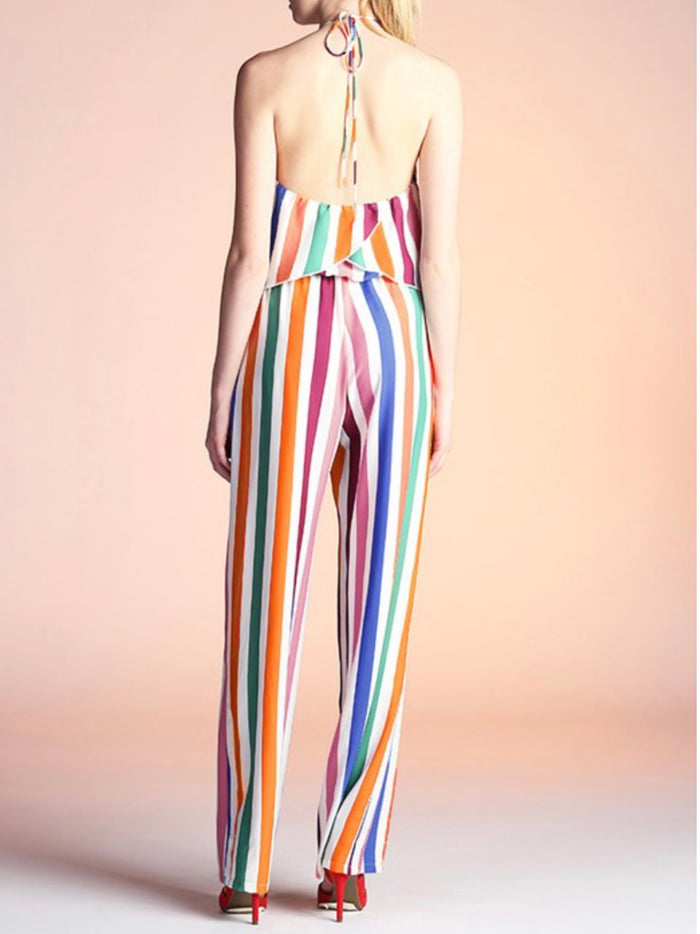 Bright Rainbow Stripe Halter Jumpsuit