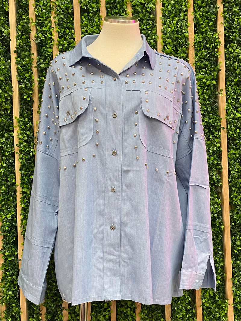 Denim Studded Button Down Blouse