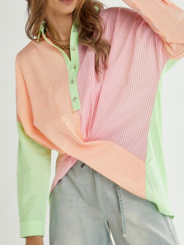 Neon Stripe Twist Button Down Shirt