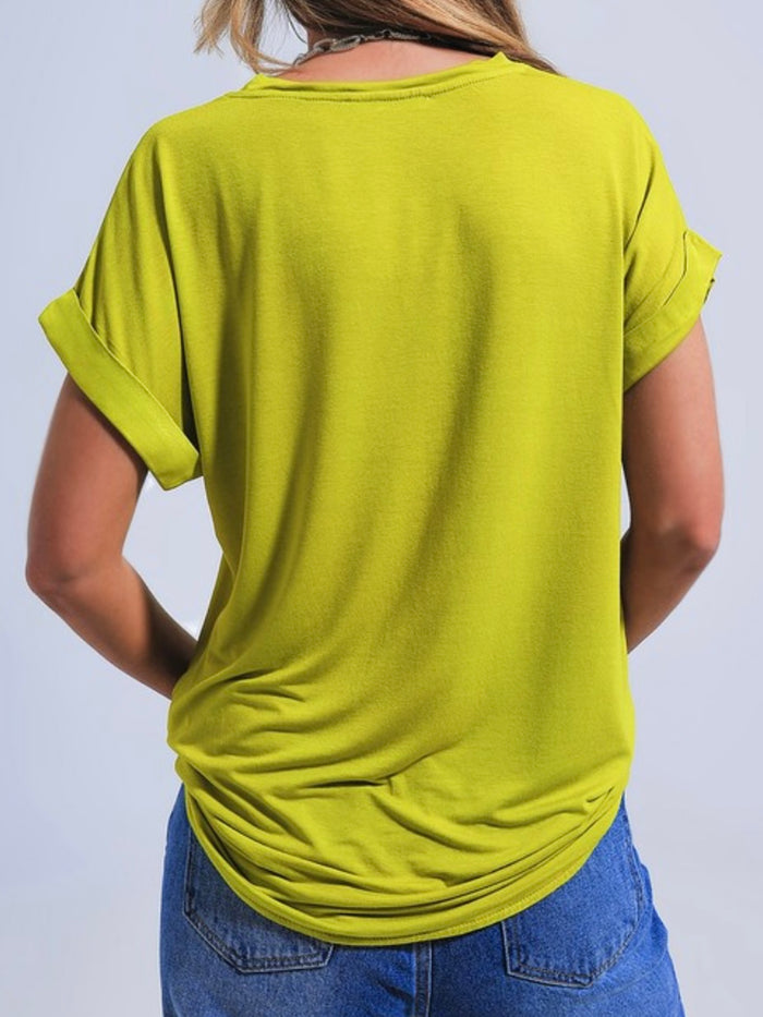 Chartreuse Green V Neck Top