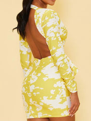 Yellow Print V Neck Short Dress