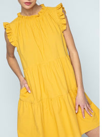 Mustard Tiered Ruffle Neck Shift Dress