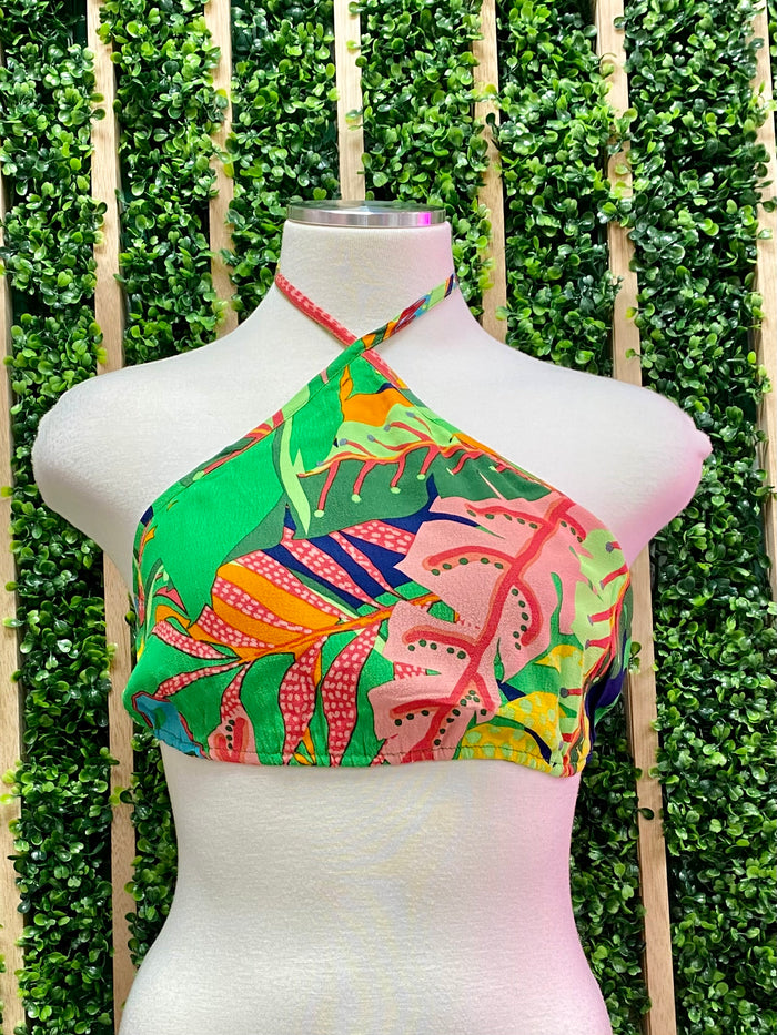 Green Tropical Halter Crop Top