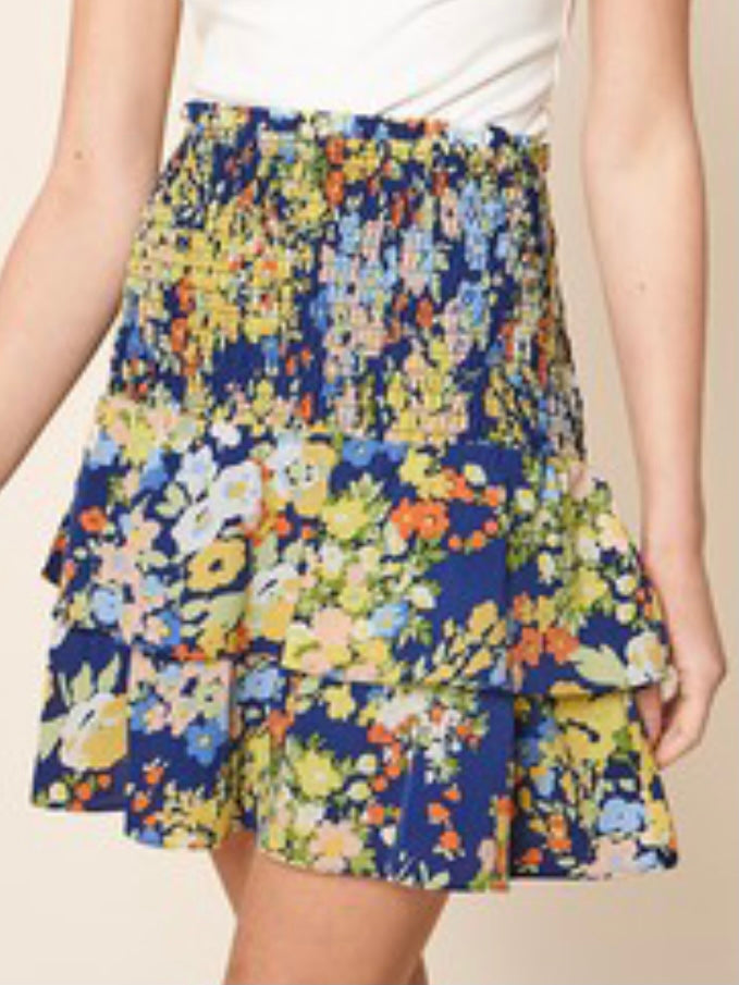 Blue Floral Smocked Short Skirt