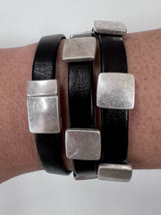 Black Leather Silver Squares Bracelet
