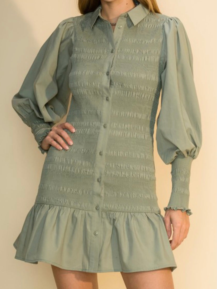 Balloon Sleeve Smocked Shirt Dress