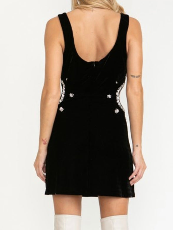 Velvet Cutout Rhinestone Detail Short Dress