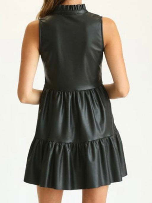 Black Sleeveless Tiered Pleather Dress