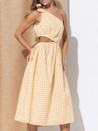 Yellow Plaid Cutout One Shoulder Midi Dress