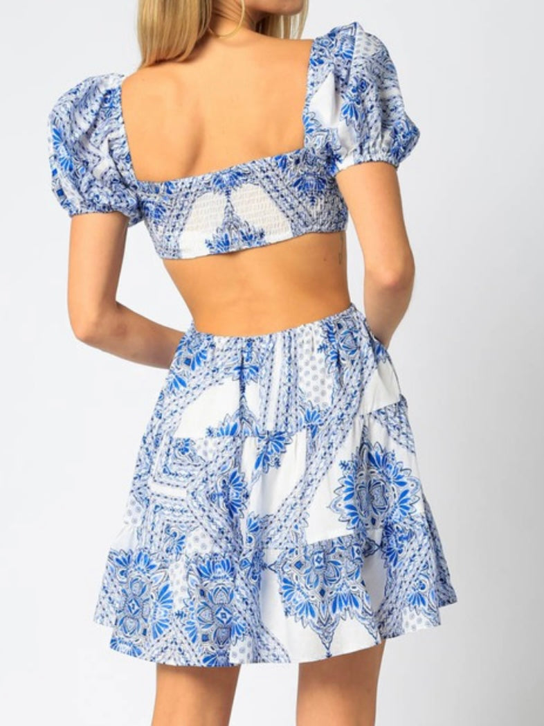 Blue Balloon Sleeve Cutout Short Dress