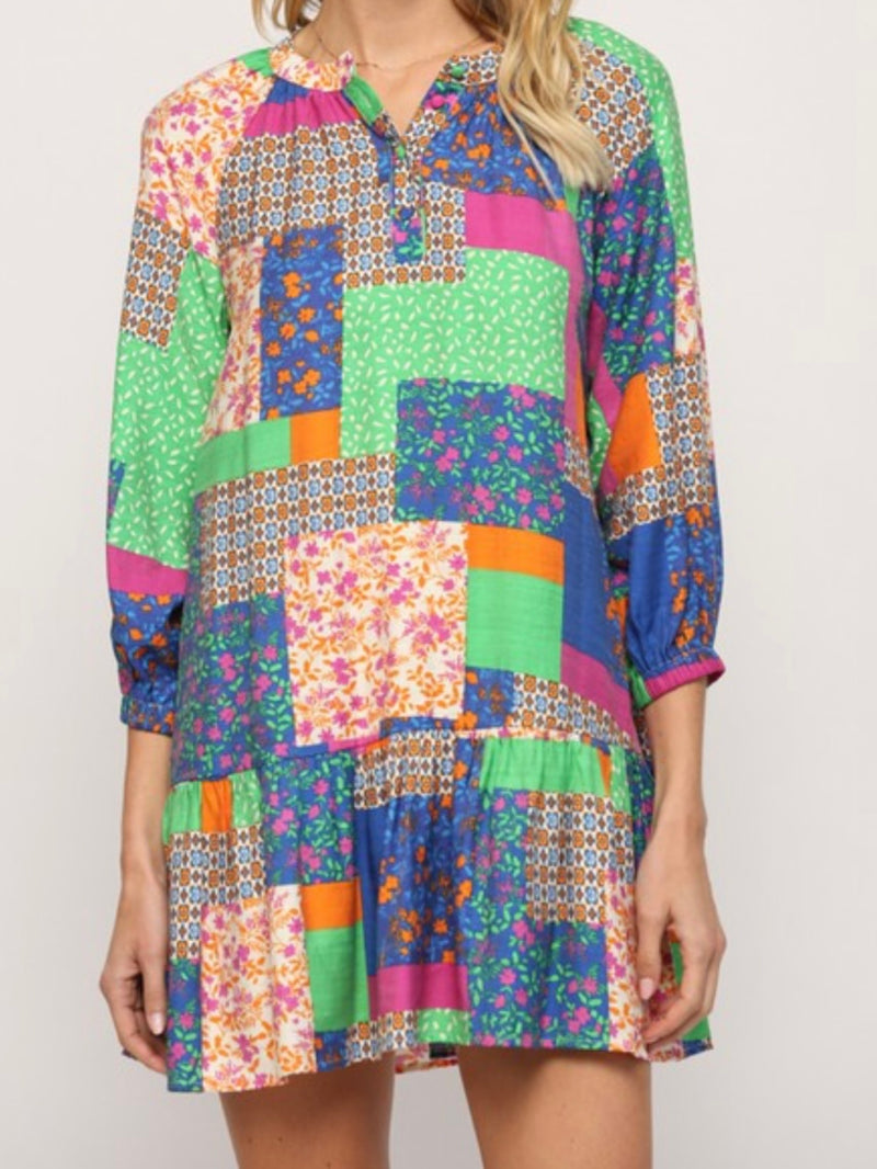 Green Orange Patchwork Drop Waist Dress
