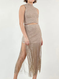 Beige Fringe Detail Knit Skirt