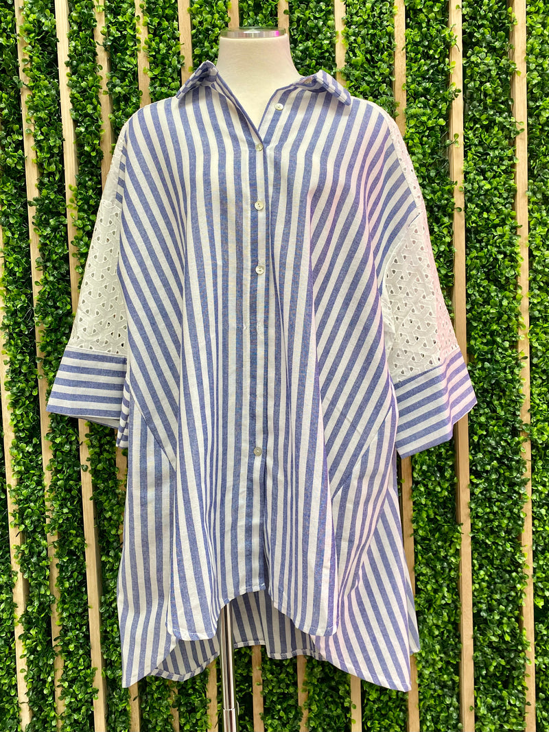 Lace Detail Blue Striped Blouse