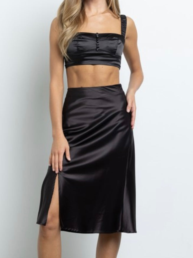 Black Satin Crop Skirt Set