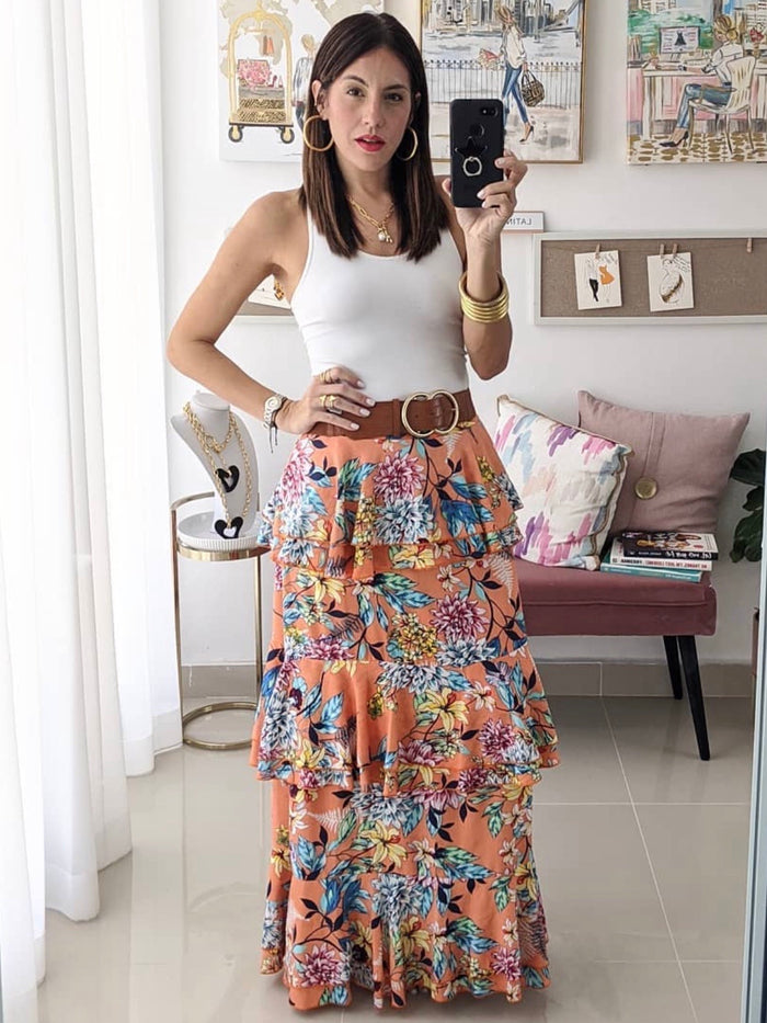 Orange Floral Tiered Maxi Skirt