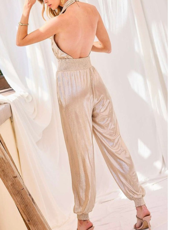 Metallic Champagne Halter Jumpsuit