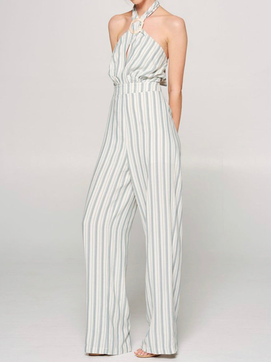 Green Striped Halter Jumpsuit