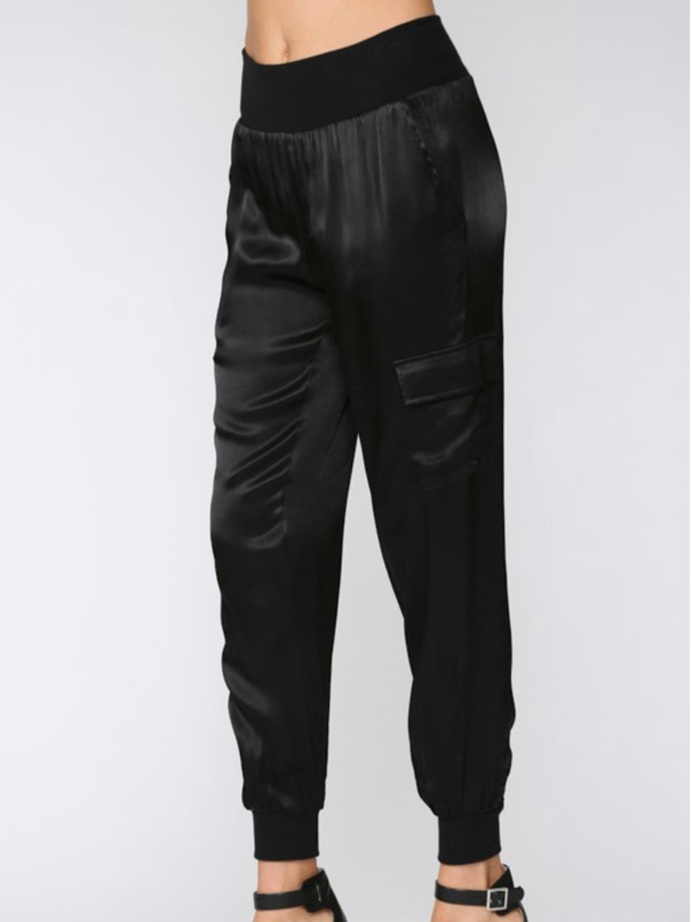 Black Satin Cargo Jogger