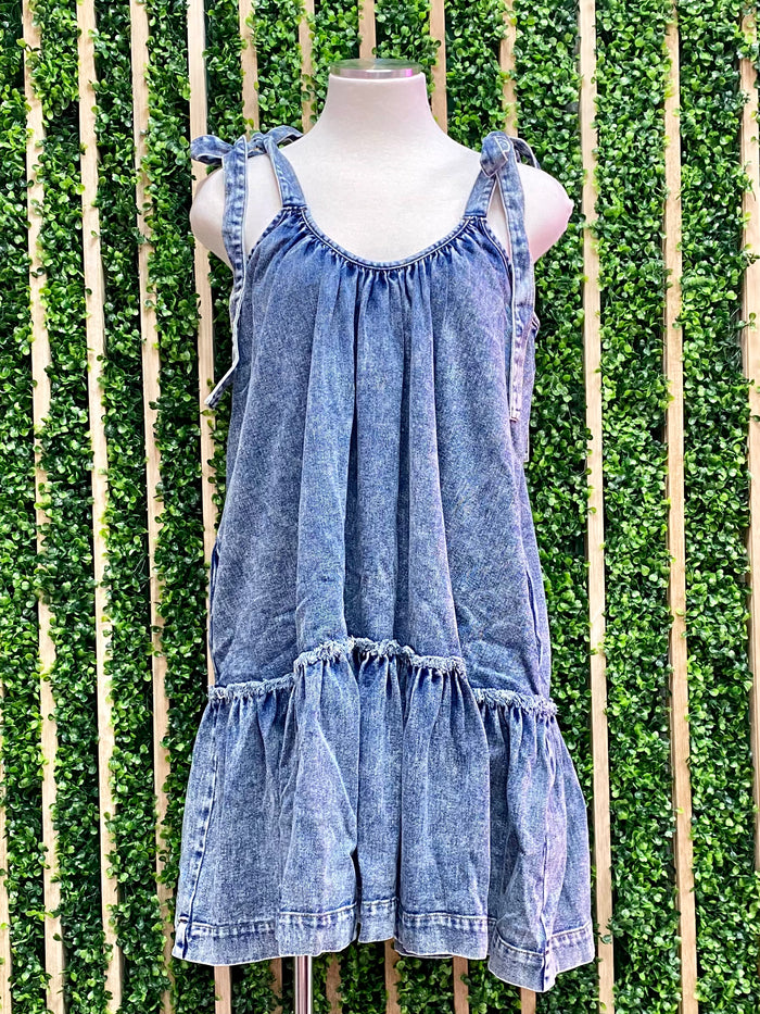 Denim Shoulder Tie Short Dress