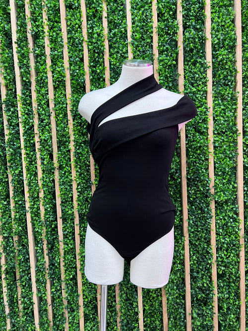 Black Delicate Asymmetric Shoulder Bodysuit