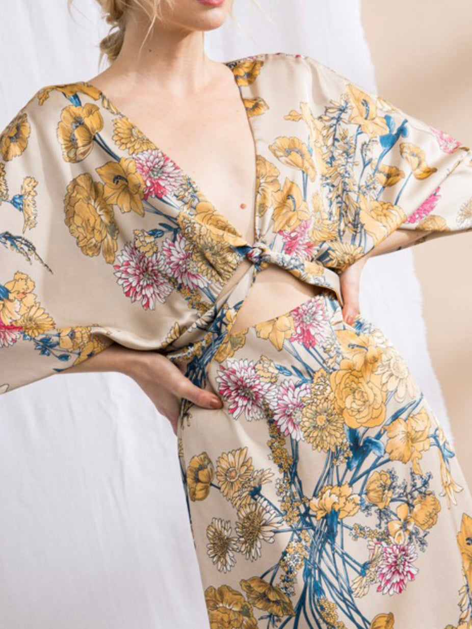 Gold Floral Cutout Kimono Midi Dress