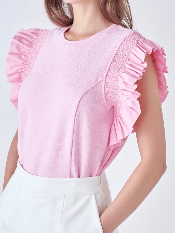 Pink Mixed Media Flutter Sleeve Top