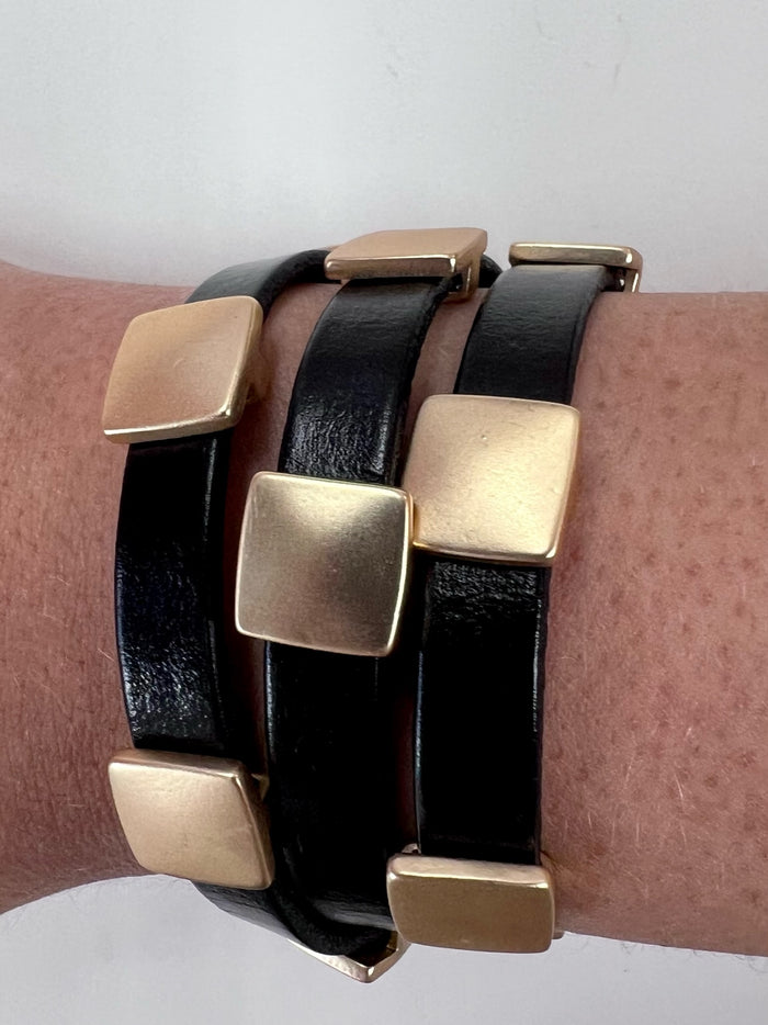 Black Leather Gold Squares Bracelet