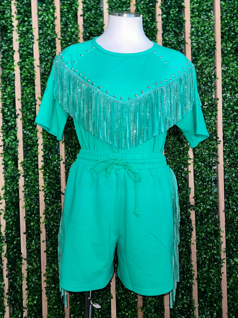 Studded Fringe Detail Short Pant Set