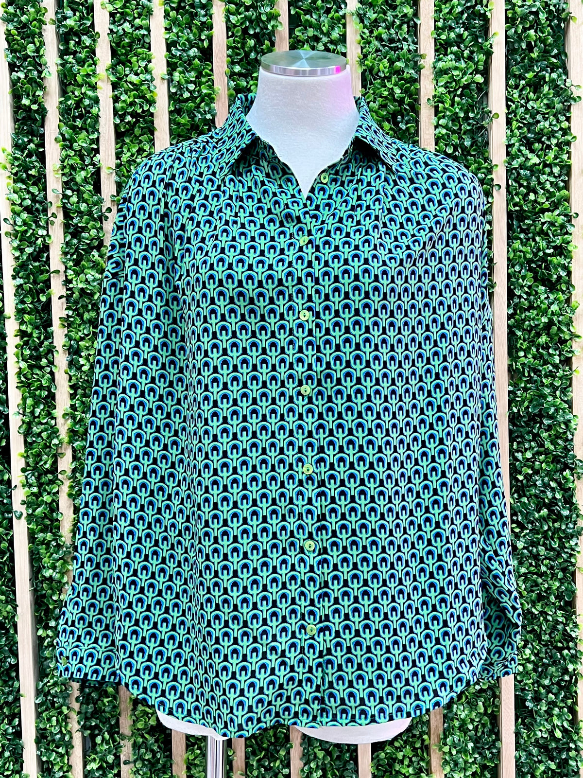 Geo Green Print Button Down Blouse