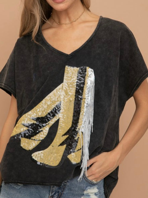 Black Gold Sequin Boots Tee