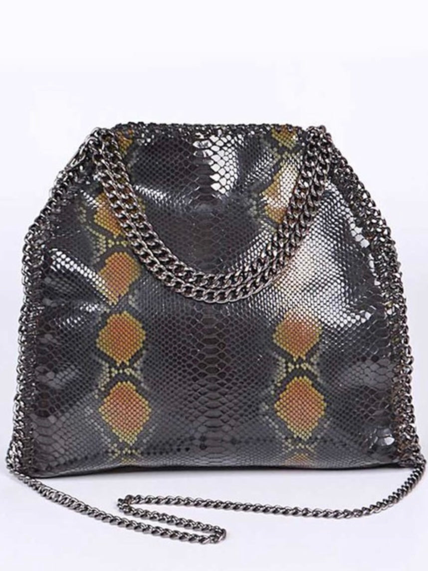 Black Chain Trim Snakeprint Hobo Bag