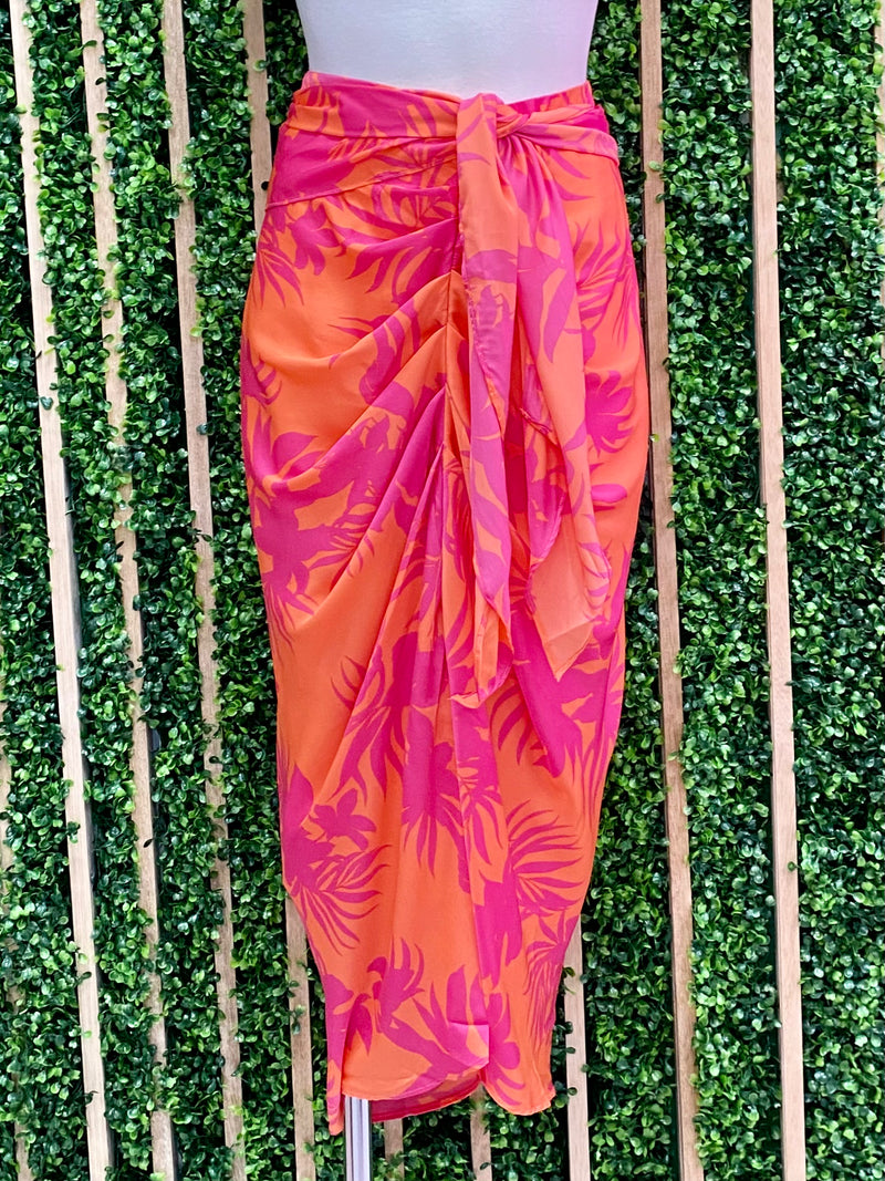 Papaya Print Ruched Midi Skirt
