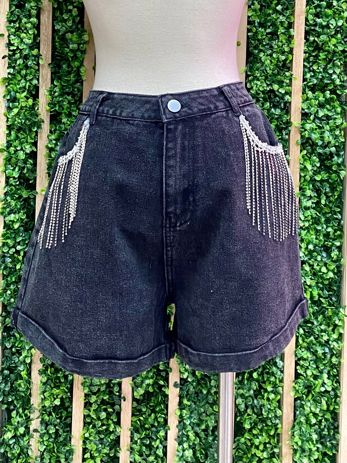 Black Fringe Detail Denim Shorts