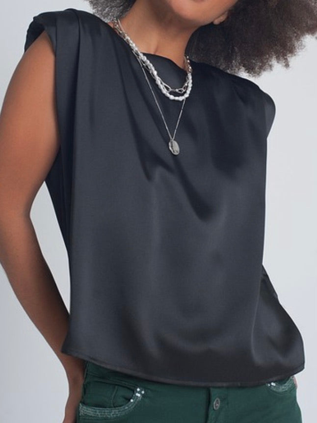 Black Satin Padded Shoulder Top