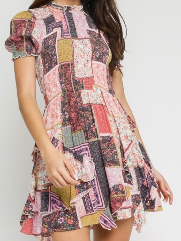 Pink Floral Patch Short Dress