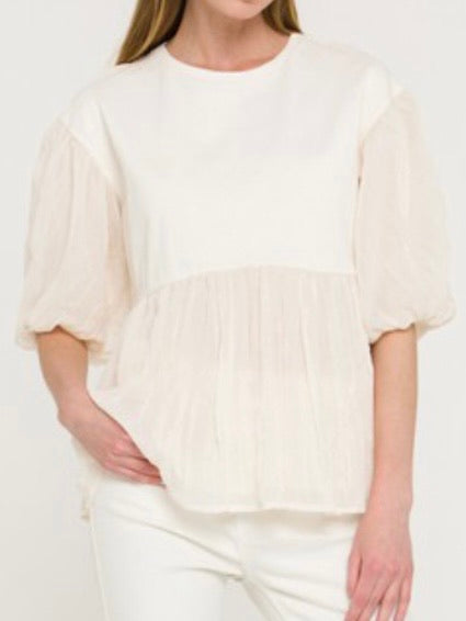 Beige Contrast Balloon Sleeve Top