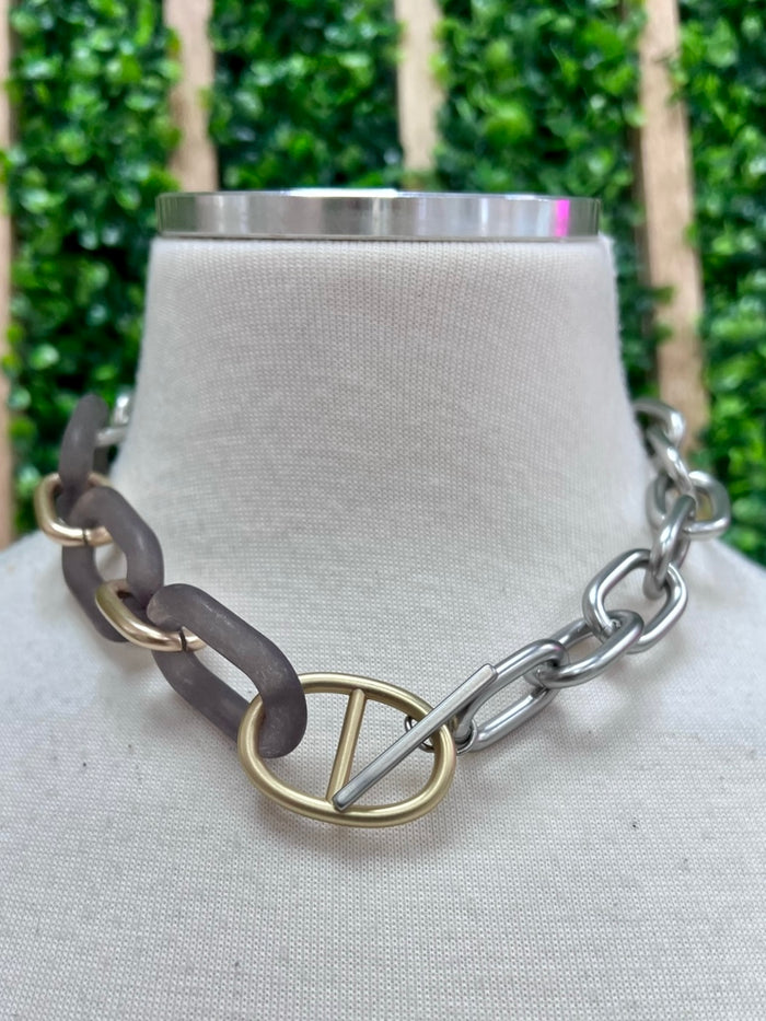 Silver Smoke Resin GOLD buckle Necklace