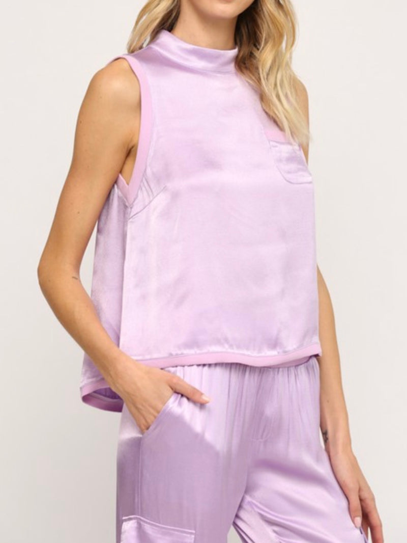 Lavender Rib Trim Satin Top