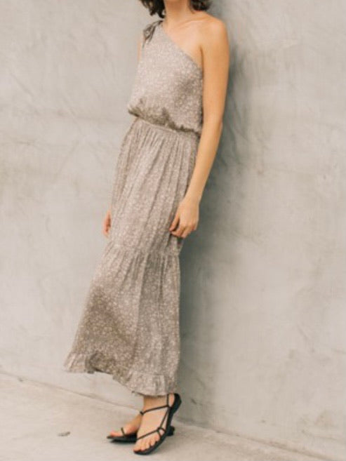 Space Grey Satin Leopard One Shoulder Dress