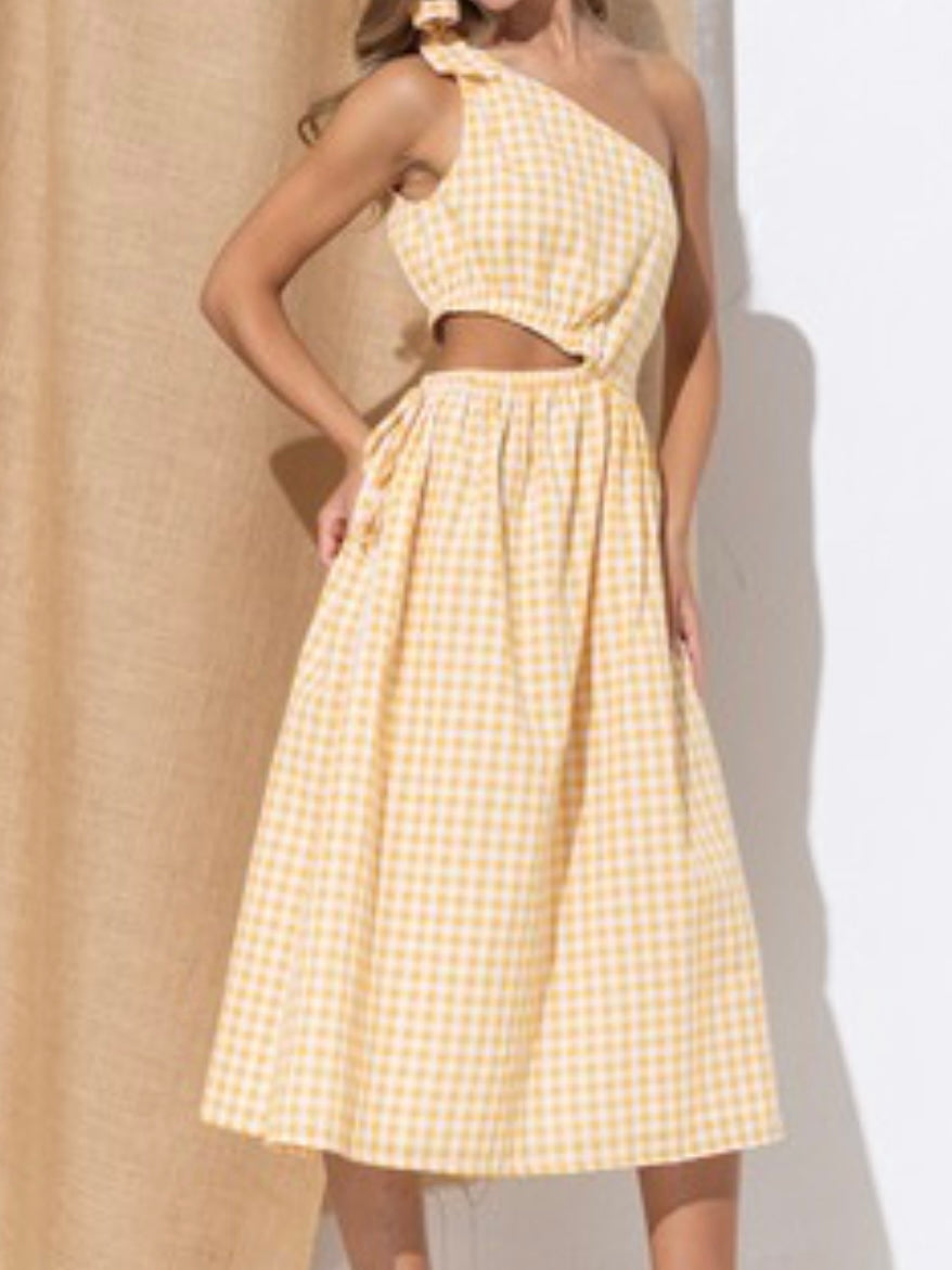 Yellow Plaid Cutout One Shoulder Midi Dress