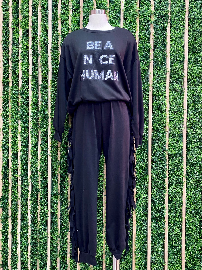 Be a Nice Human Fringe Detailed Jogger Set