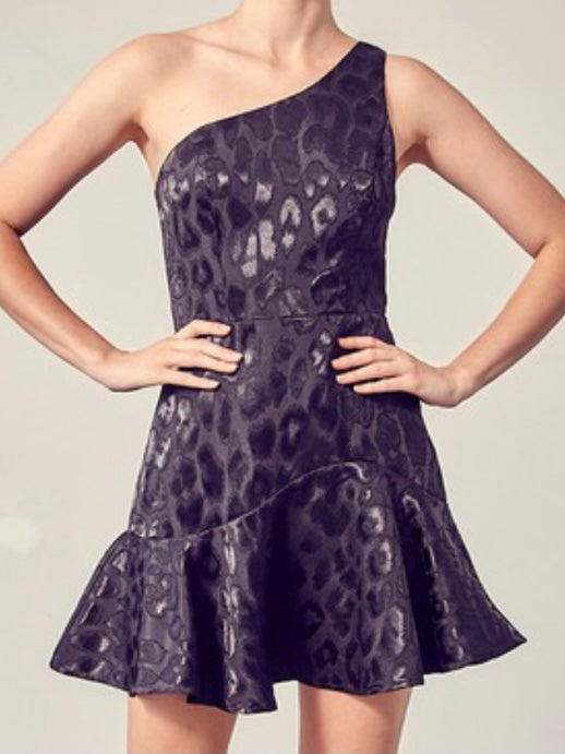 Black Leopard One Shoulder Dress