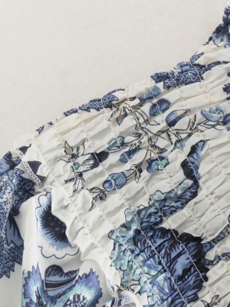 Blue Floral Print Wind Cross Top
