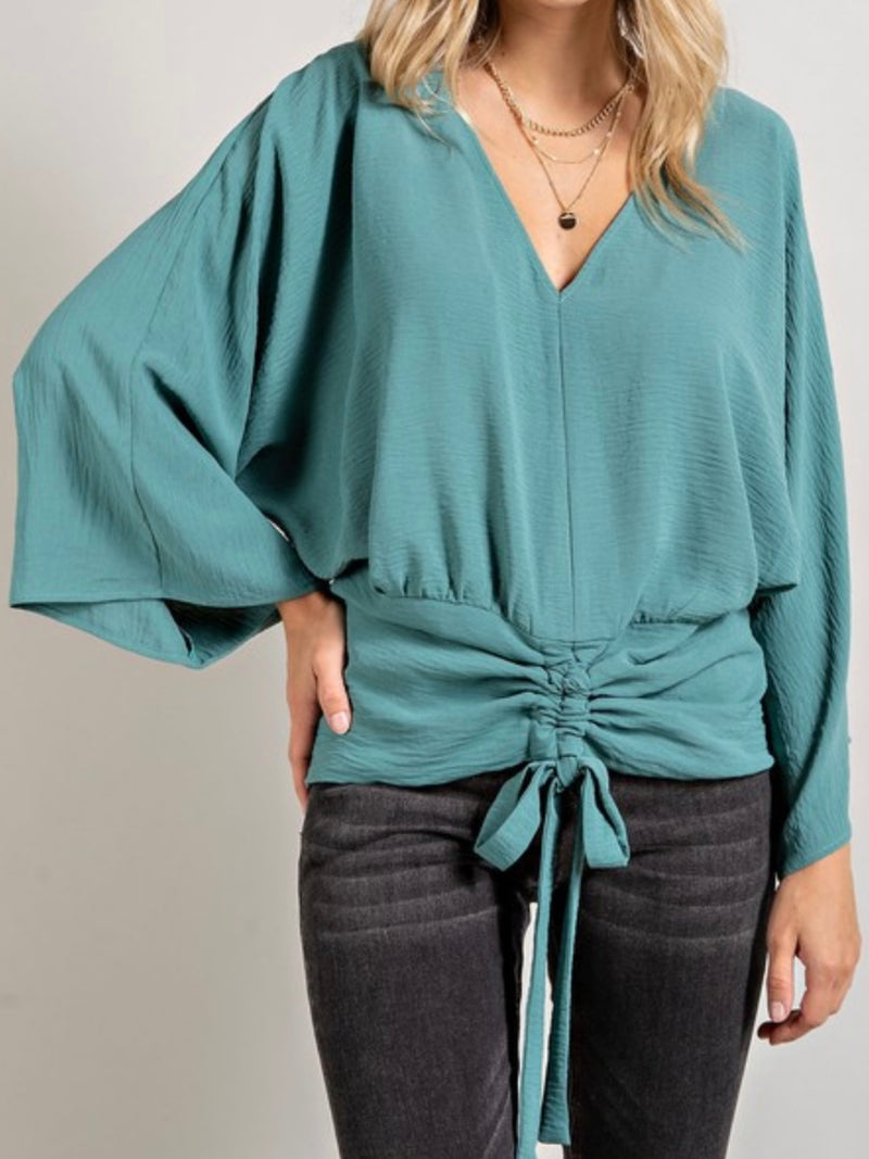 Waist Cinched V Neck Blouse