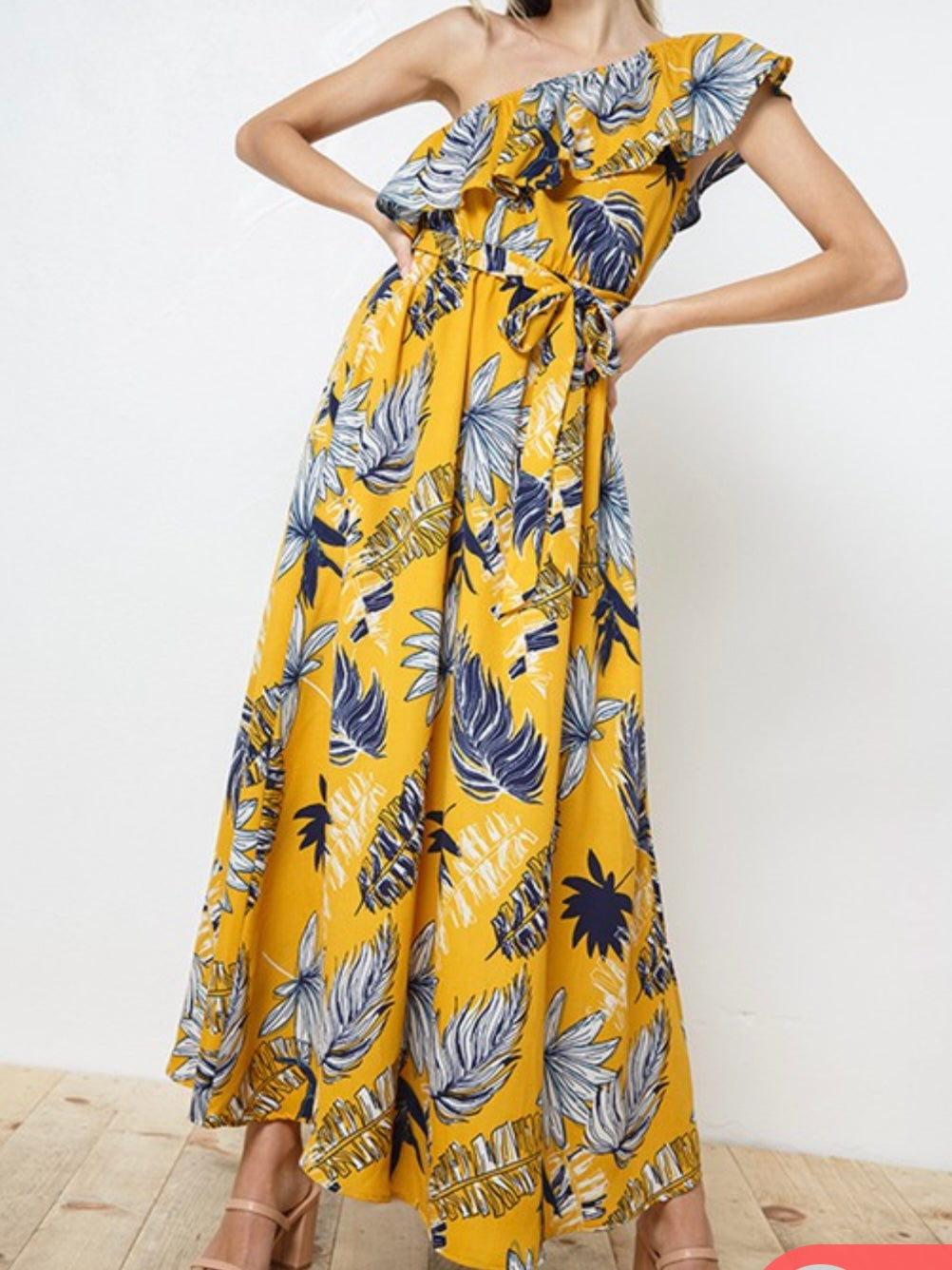 Mustard Tropical One Shoulder Maxi Dress